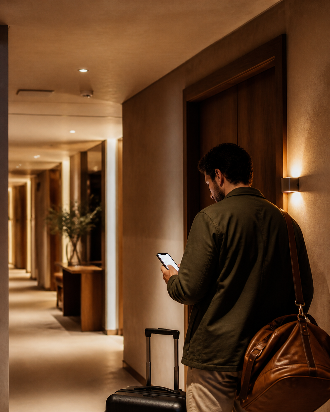 Een hotelgast bekijkt zijn telefoon bij de kamerdeur