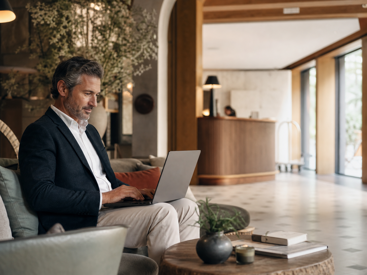 Een hotelmanager houdt overzicht vanuit de hotellounge